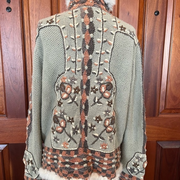 Roberta Frost Hand Knit Cardigan Sweater Alpaca Rabbit Fur Trim Medium !! - Picture 5 of 12